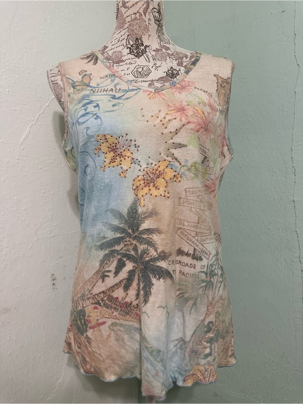 Y2K xcit USA Tropical Map Print Tank Top sleveless fairy size XL vintage